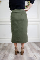Modest denim skirt with stretch waistband and front/back pockets – available in 27", 31", and 34" lengths – Nuggles® exclusive