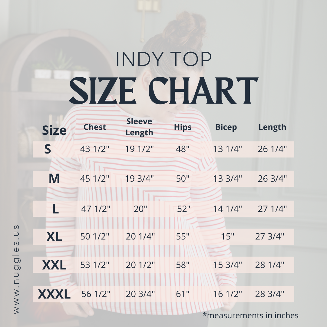 Nuggles®  Indy Top women’s size chart with measurements for accurate fit