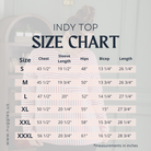 Nuggles®  Indy Top women’s size chart with measurements for accurate fit