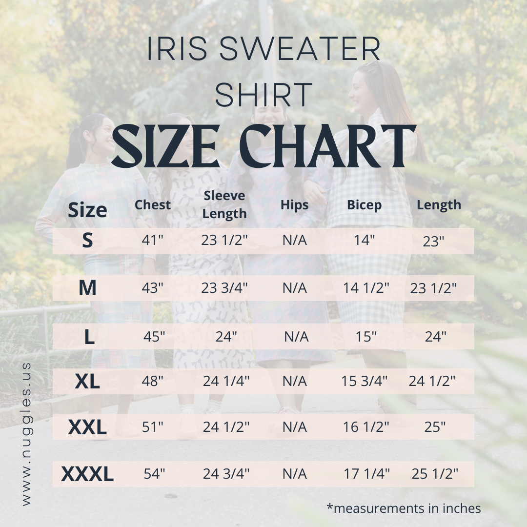 Size guide for Nuggles® Iris modest knit skirt and sweatshirt set including waist, bust, and hip measurements