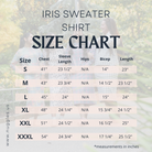 Size guide for Nuggles® Iris modest knit skirt and sweatshirt set including waist, bust, and hip measurements