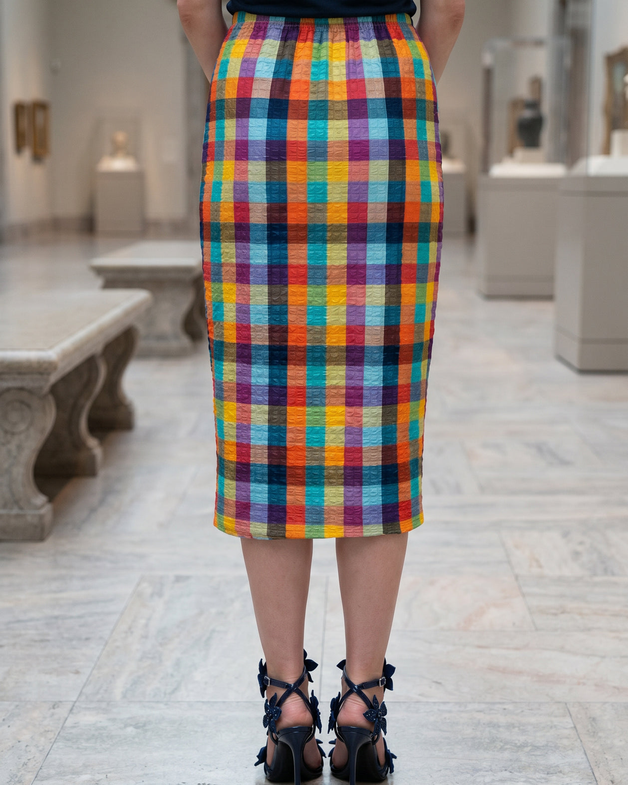 Model wearing Nuggles® 31" Lexi Skirt in Jackson Plaid