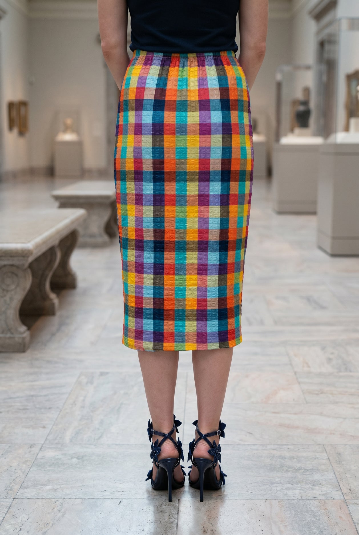 Model wearing Nuggles® 31" Lexi Skirt in Jackson Plaid