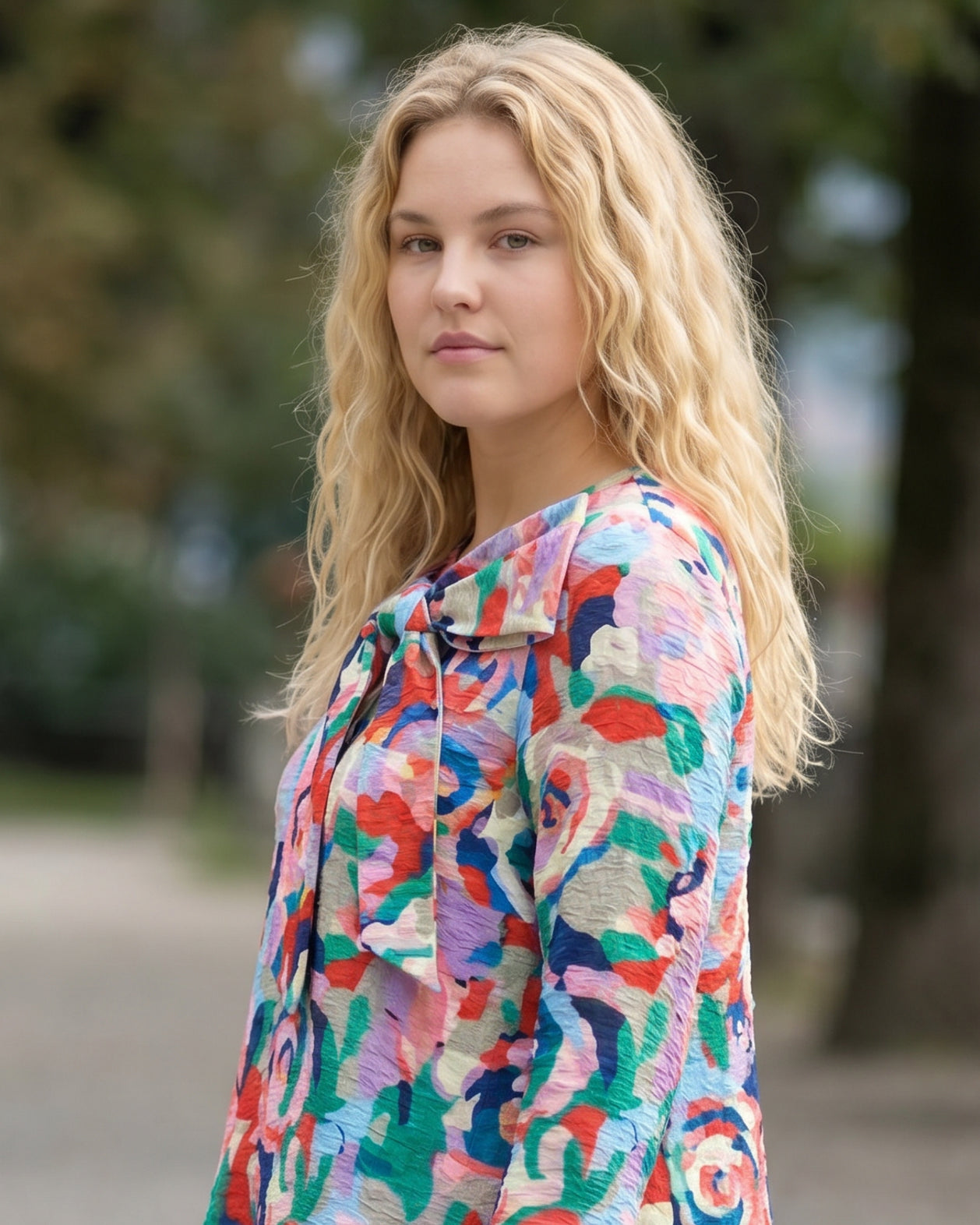 Jelly Pop Eleanor Top, Nuggles plus-size-friendly modest top in fun pink print with bow neckline detail