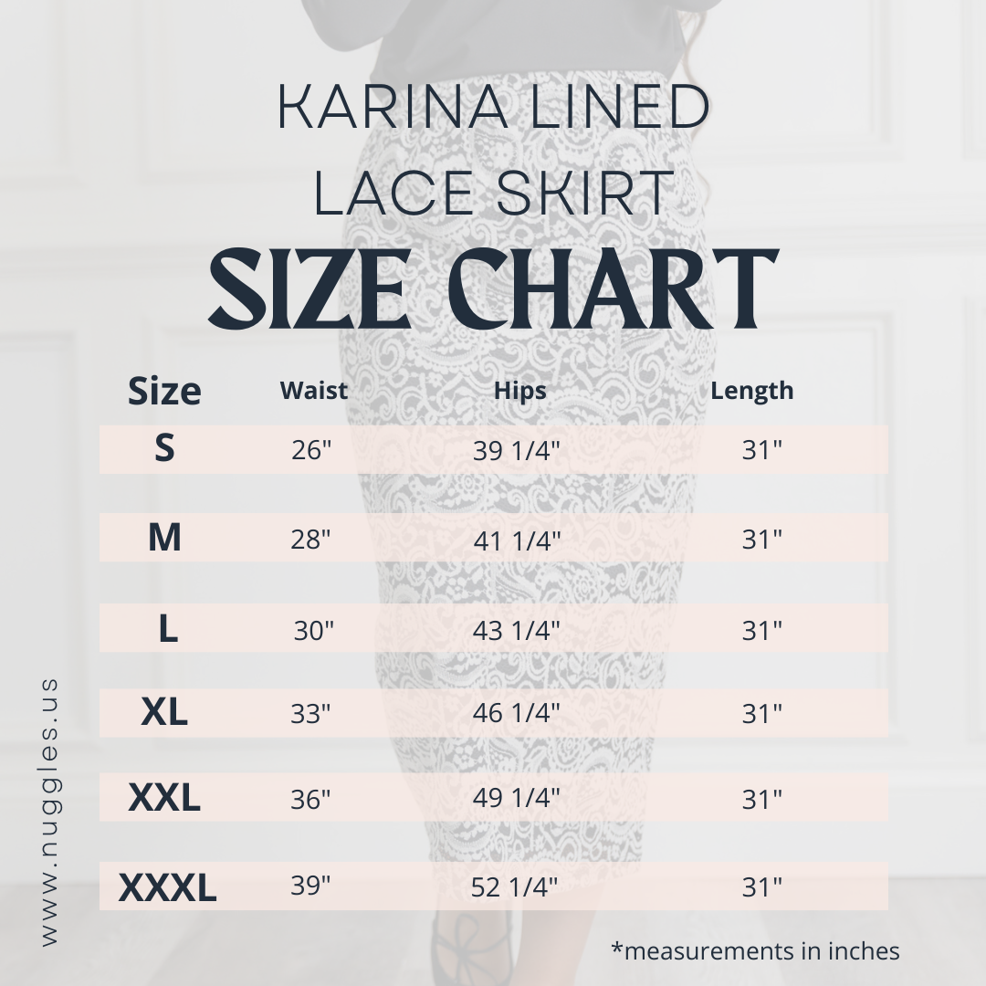 Nuggles® Karina Lined Lace Skirt size chart with waist, hip, and length measurements in inches for all available sizes.