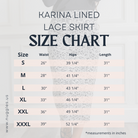 Nuggles® Karina Lined Lace Skirt size chart with waist, hip, and length measurements in inches for all available sizes.