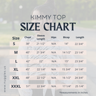 Kimmy Top size chart – measurements for bust, waist, and length