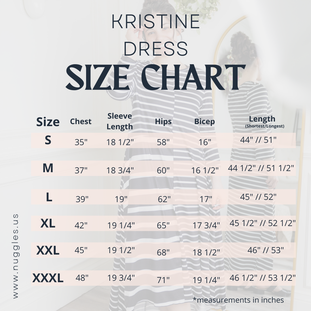 Kristine High Low Dress size chart – modest knit dress measurements for chest, waist, hips, and length by Nuggles® .