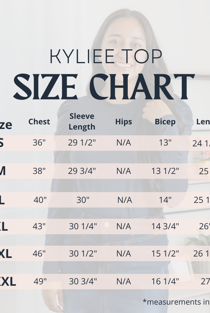 Kyliee Top size chart by Nuggles® – measurements for bust, waist, and length in inches for sizes S to 3X.