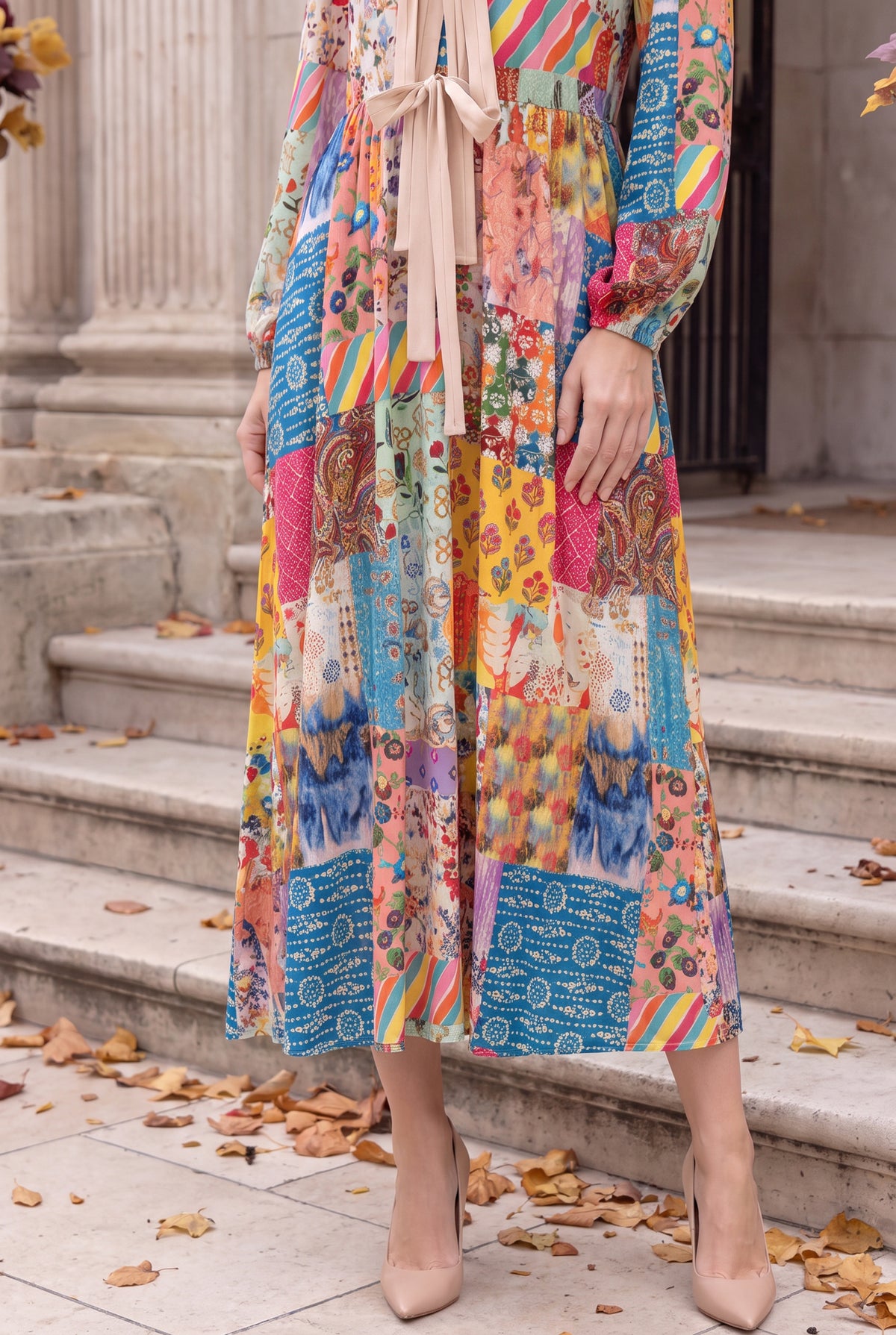 Model wearing Nuggles® Addison Dress in Keepsake Quilt
