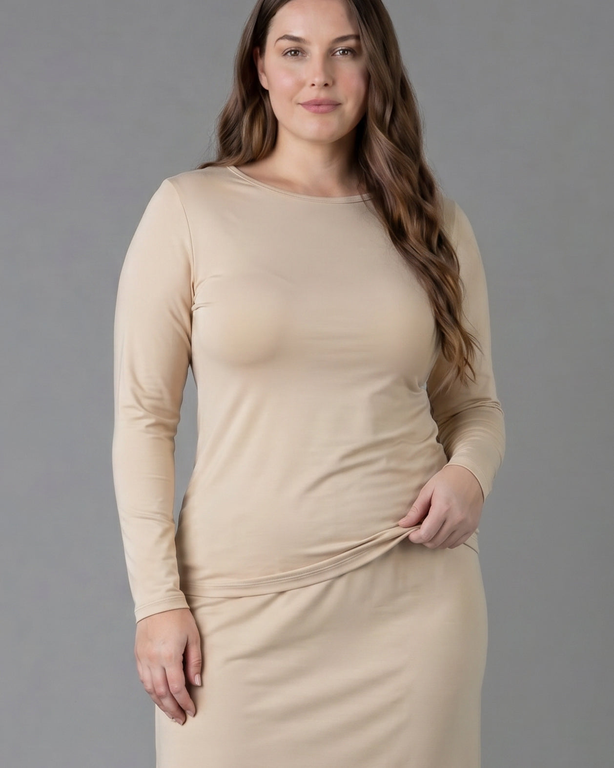 Model wearing Nuggles® Long Sleeve Essential Tee in Khaki