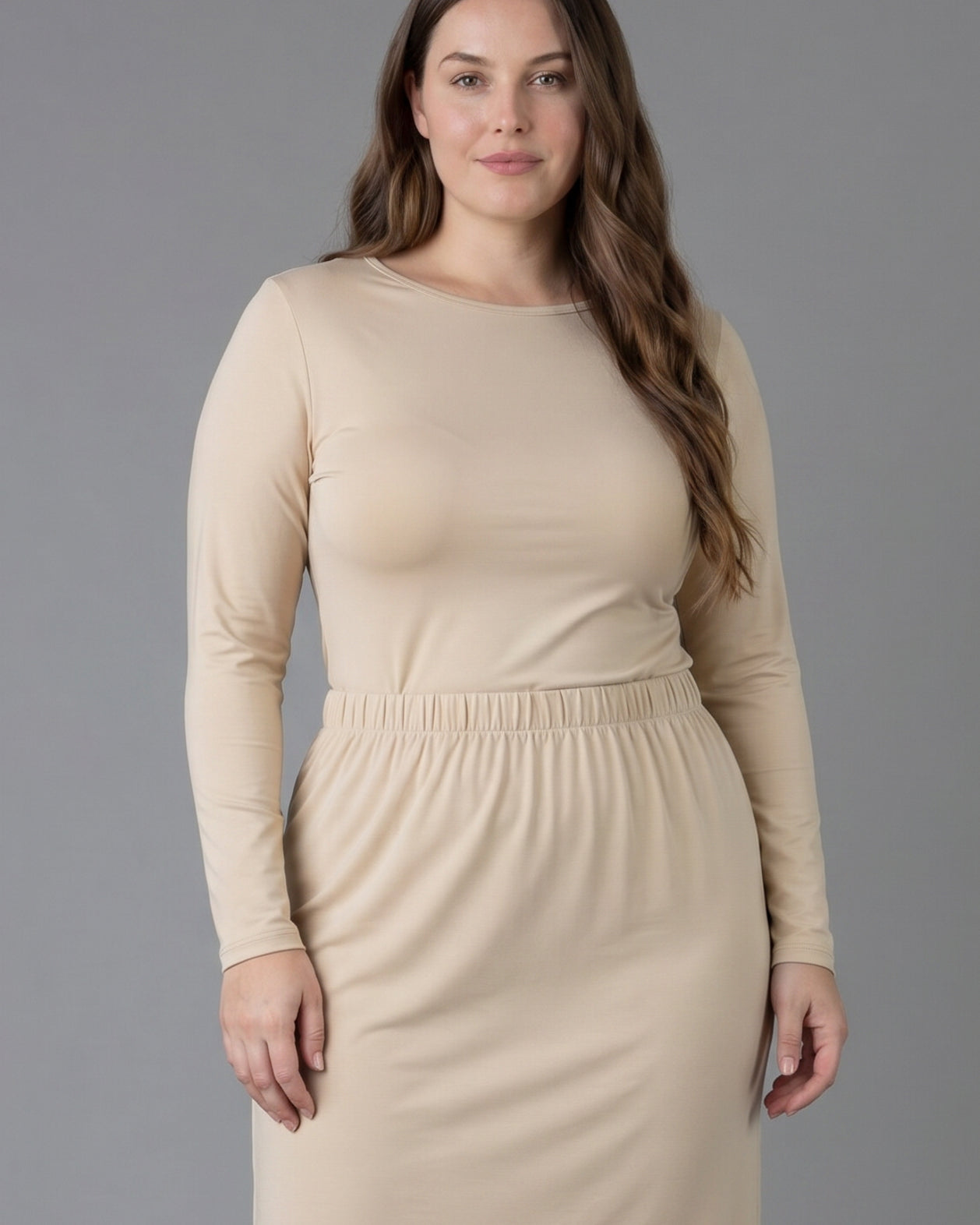 Model wearing Nuggles® Long Sleeve Essential Tee in Khaki