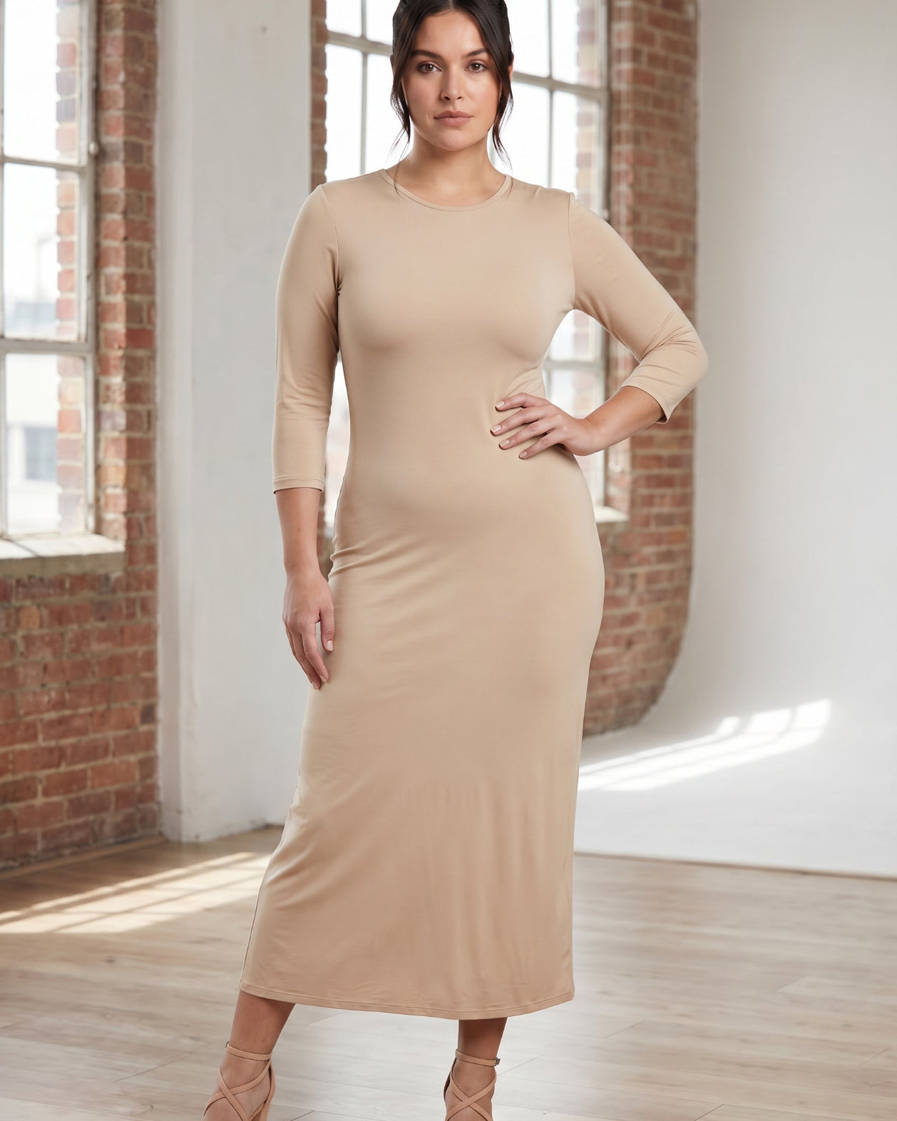 Model wearing Nuggles® Tea Layering Dress in Khaki