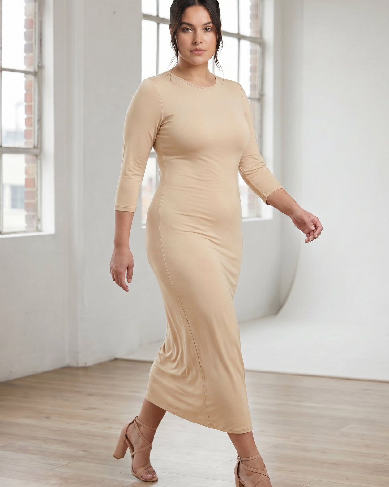 Model wearing Nuggles® Tea Layering Dress in Khaki