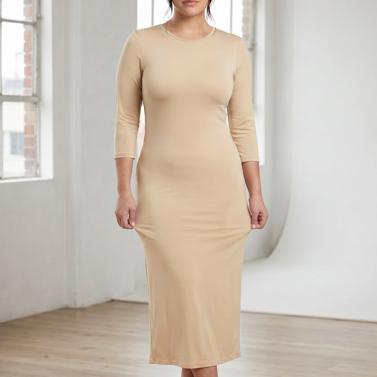 Modest Tea-Length Layering Dress in Khaki