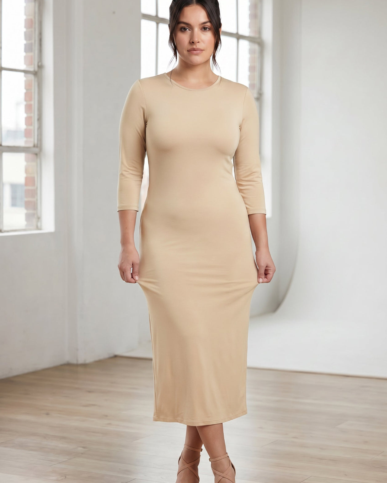 Model wearing Nuggles® Tea Layering Dress in Khaki