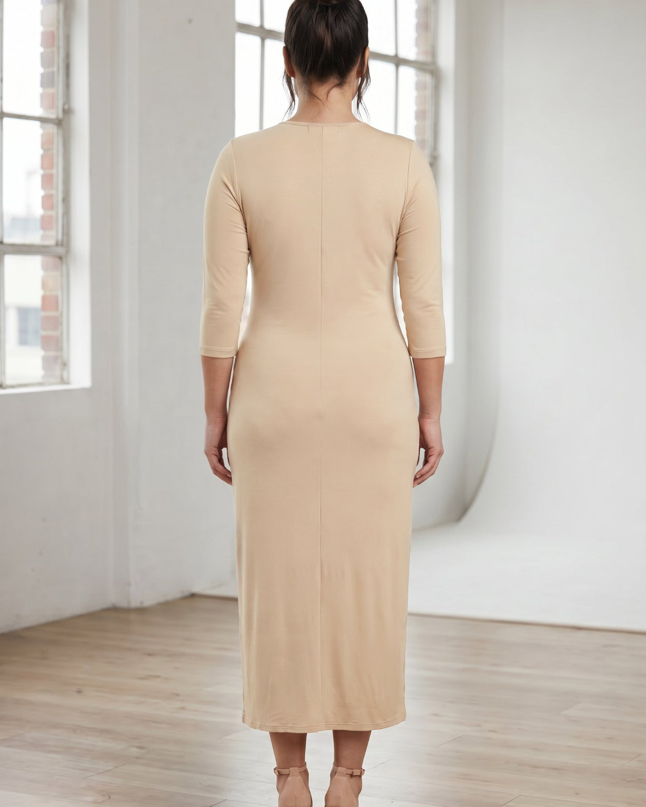 Model wearing Nuggles® Tea Layering Dress in Khaki
