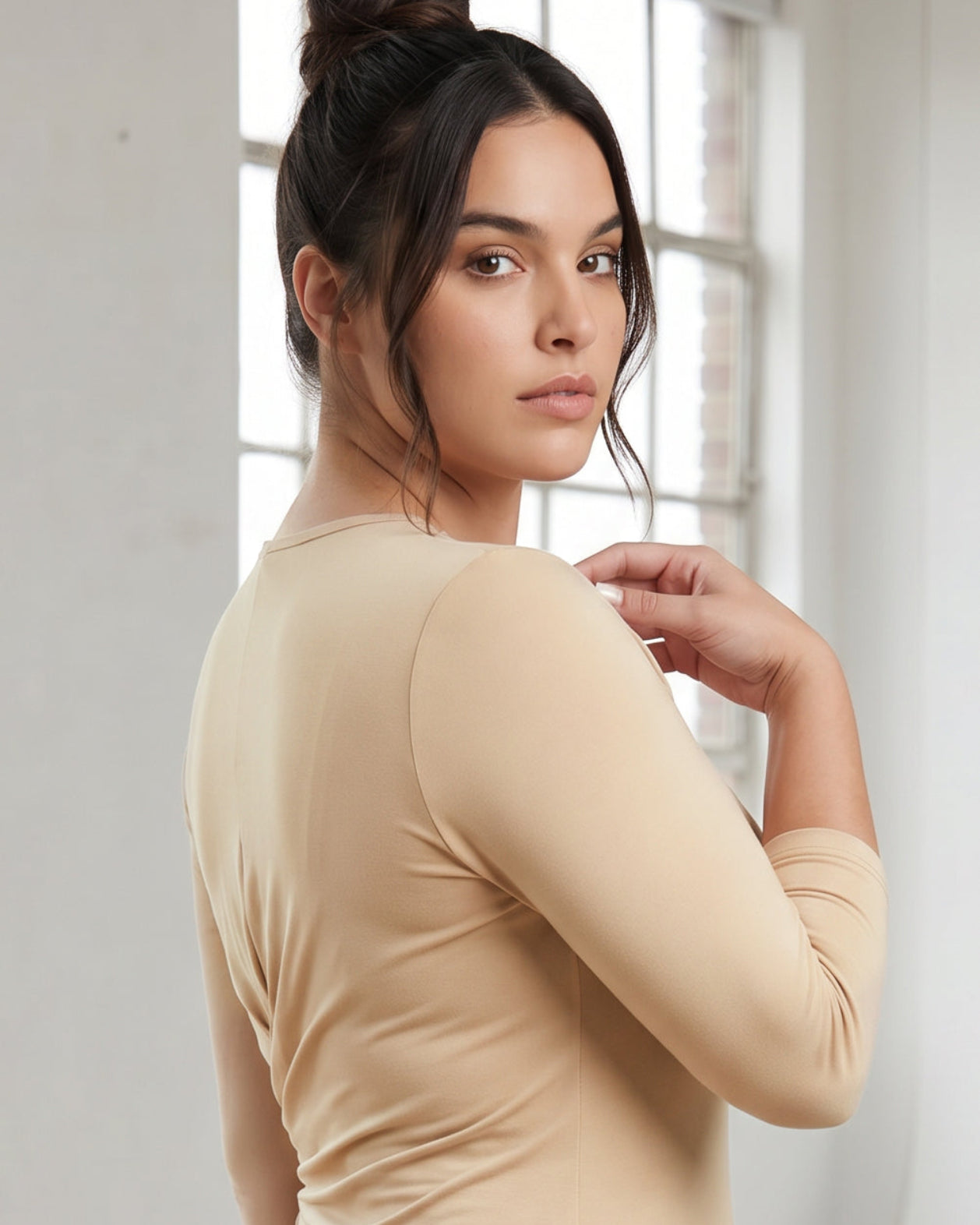 Model wearing Nuggles® Tea Layering Dress in Khaki