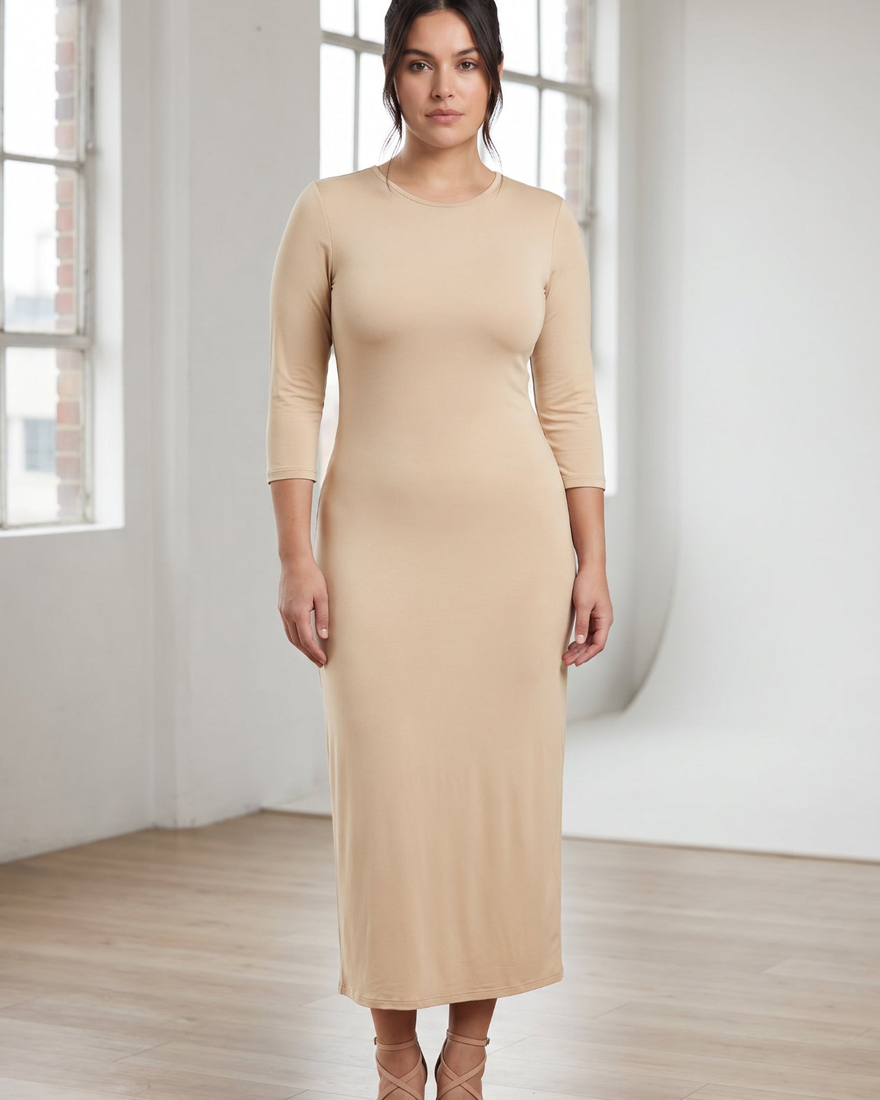 Model wearing Nuggles® Tea Layering Dress in Khaki