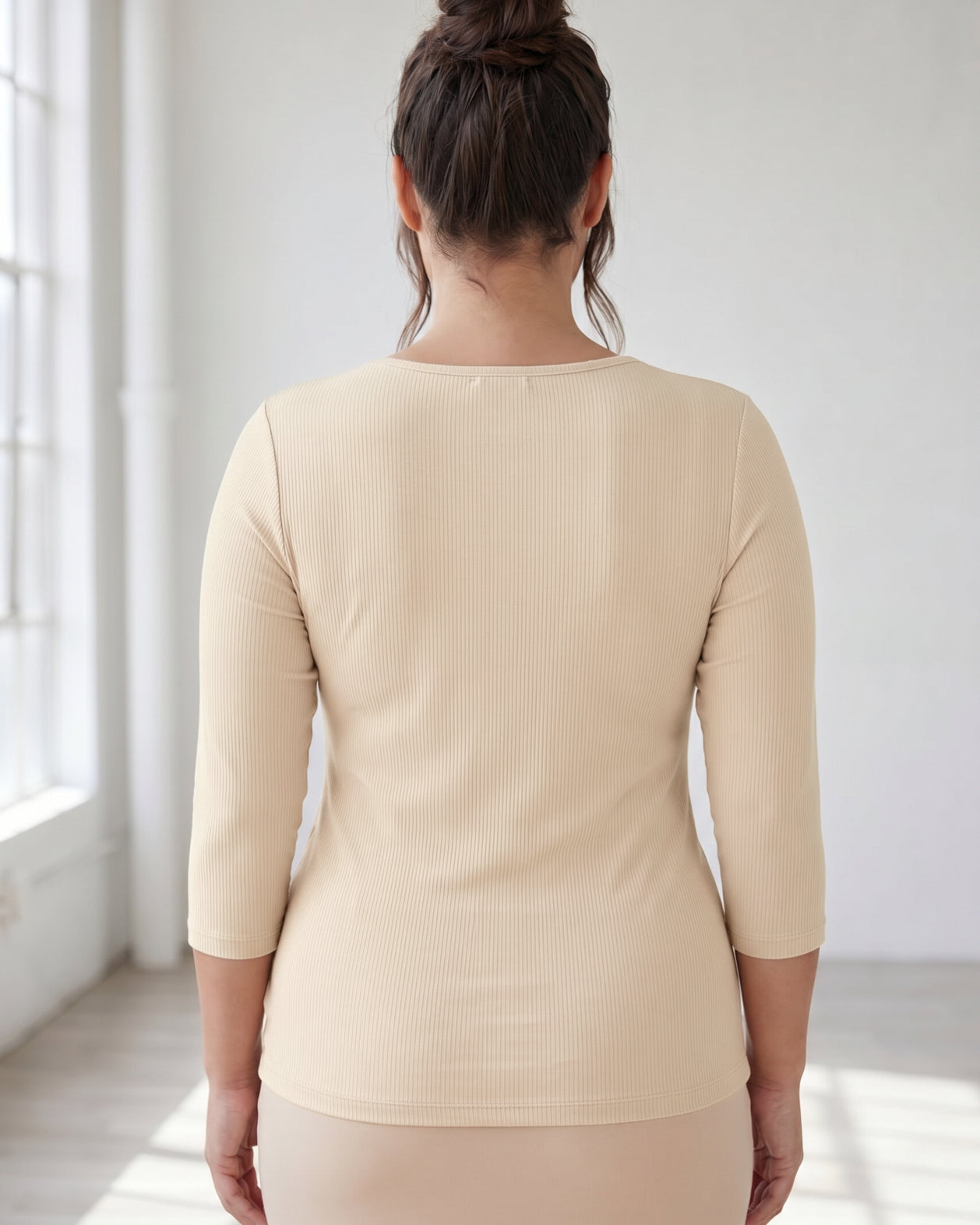 Model wearing Nuggles® 3/4 Essential Ribbed Tee in Khaki