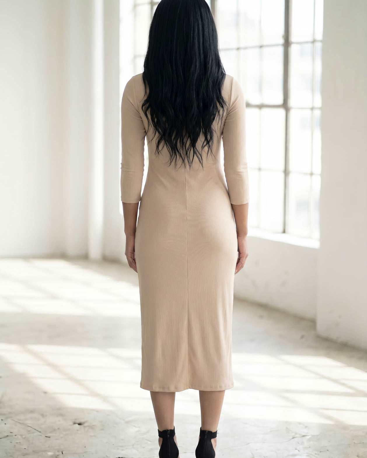 Model wearing Nuggles® Ribbed Layering Dress in Khaki