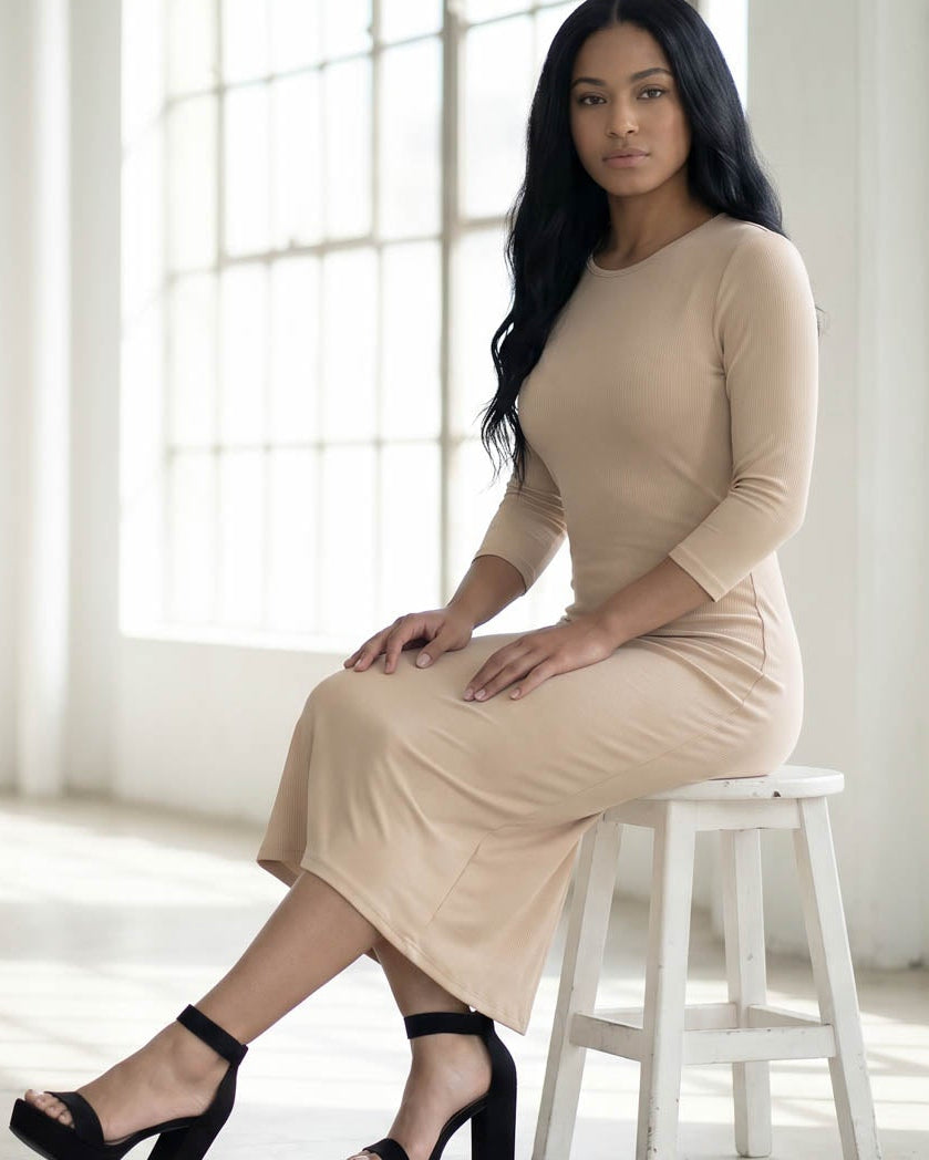 Model wearing Nuggles® Ribbed Layering Dress in Khaki