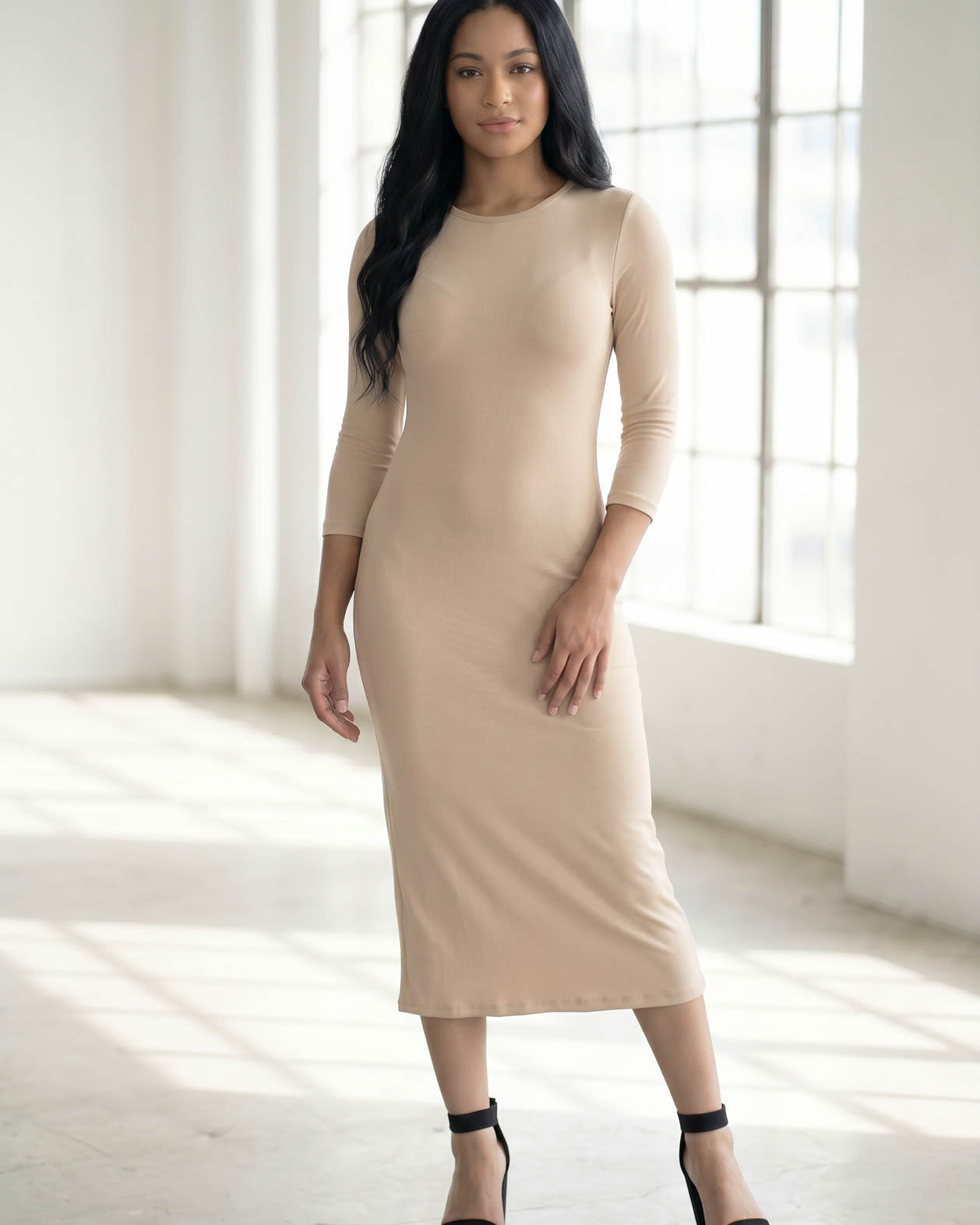 Model wearing Nuggles® Ribbed Layering Dress in Khaki