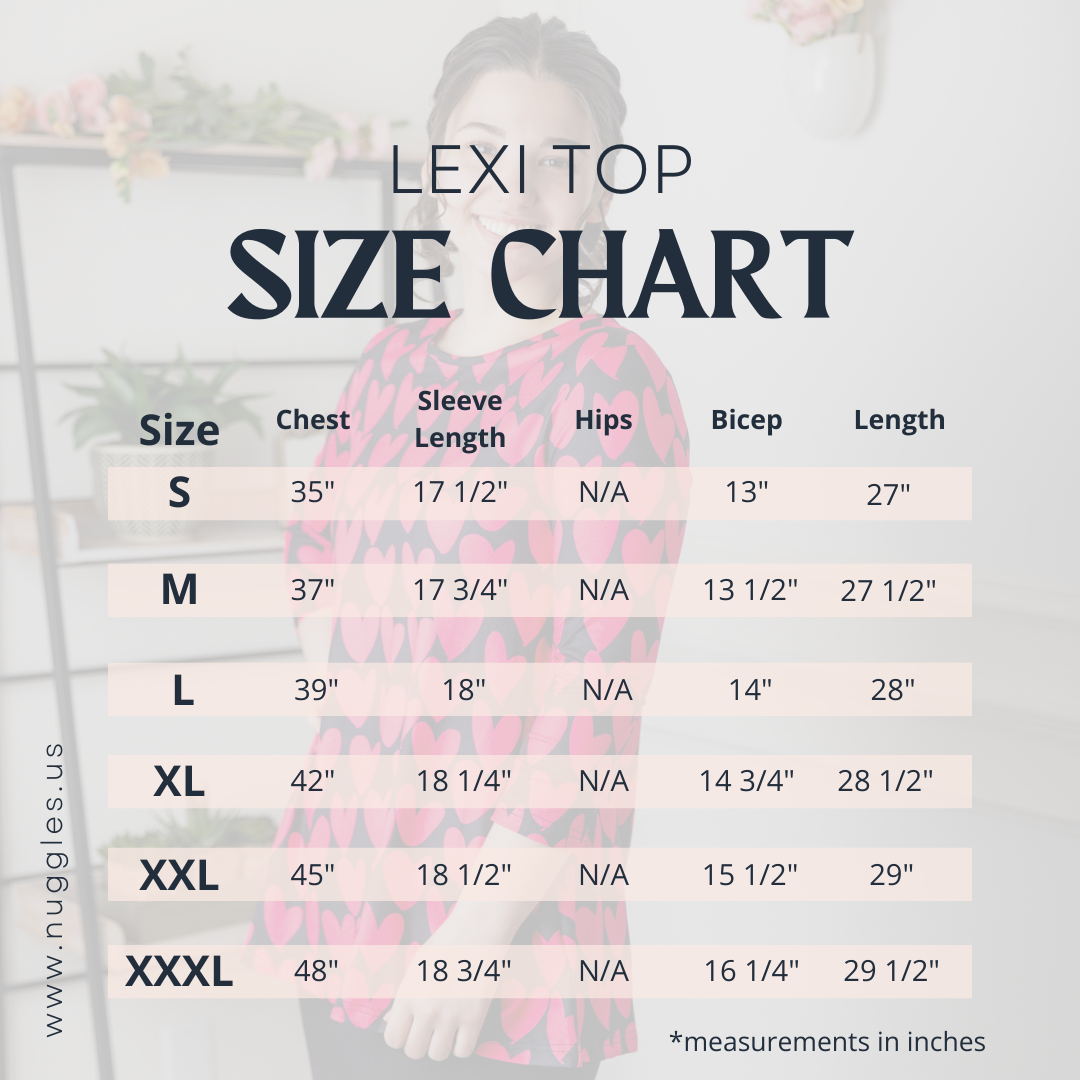 Lexi Top size chart – modest women’s tunic top sizing guide by Nuggles®, includes measurements for chest, waist, hips, and length