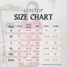 Lexi Top size chart – modest women’s tunic top sizing guide by Nuggles®, includes measurements for chest, waist, hips, and length