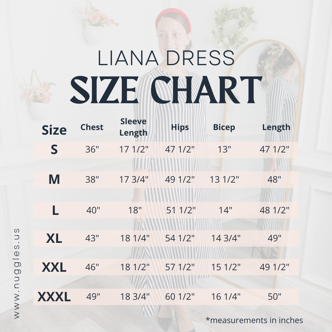 Liana Dress size chart with chest, sleeve, hip, bicep, and length measurements for sizes S to XXXL – Nuggles Clothing