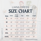 Liana Dress size chart with chest, sleeve, hip, bicep, and length measurements for sizes S to XXXL – Nuggles Clothing