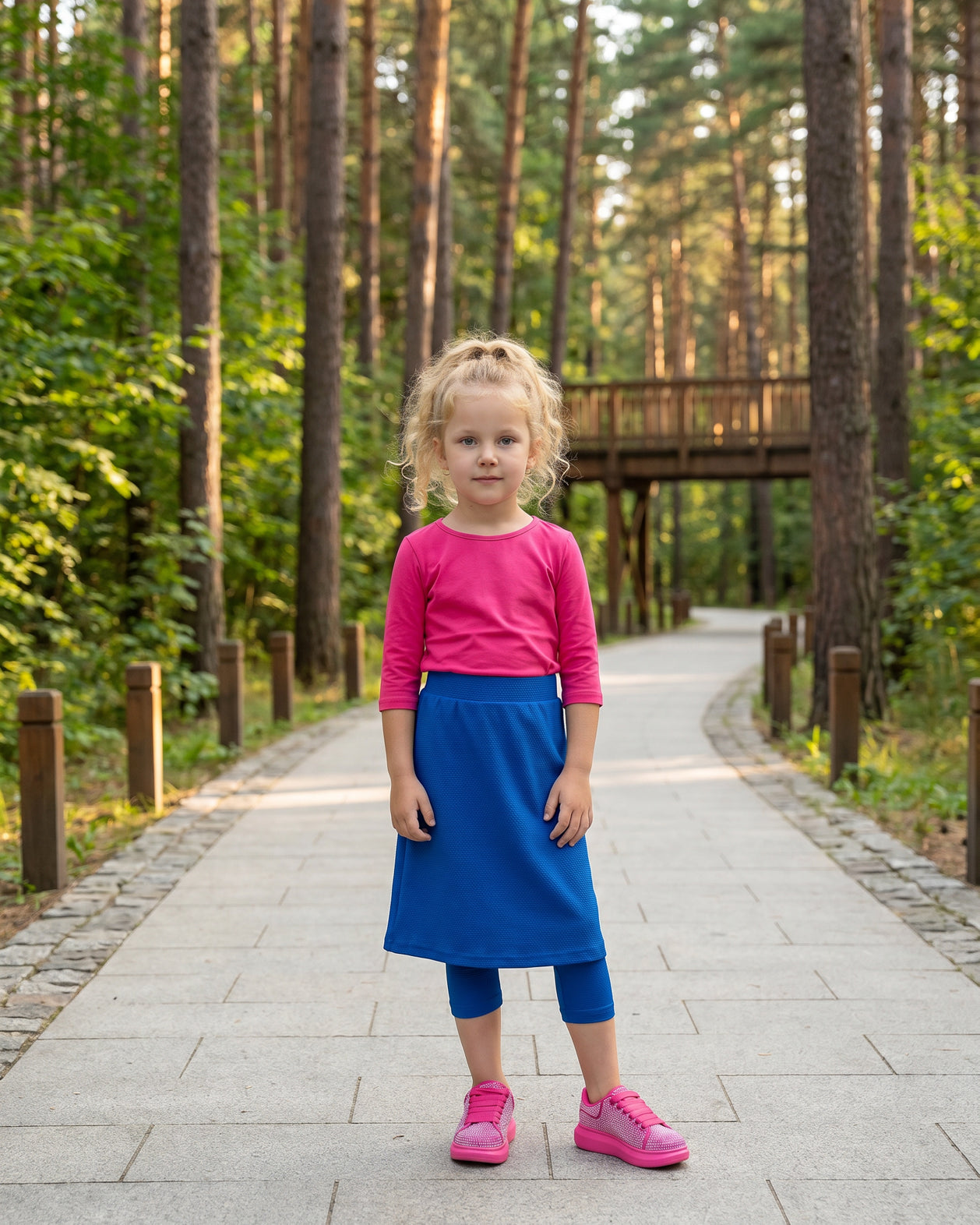 Model wearing Nuggles® Girls All-Sport Skirt in Lapiz Blue