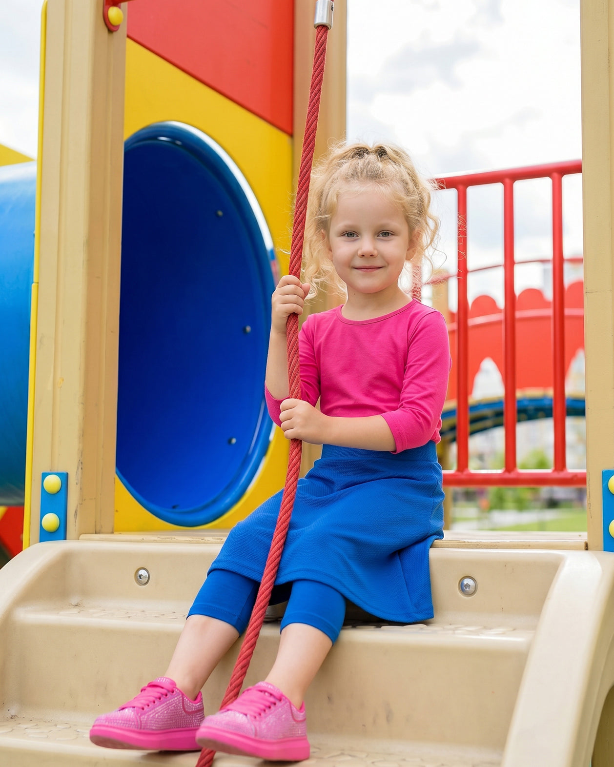 Model wearing Nuggles® Girls All-Sport Skirt in Lapiz Blue