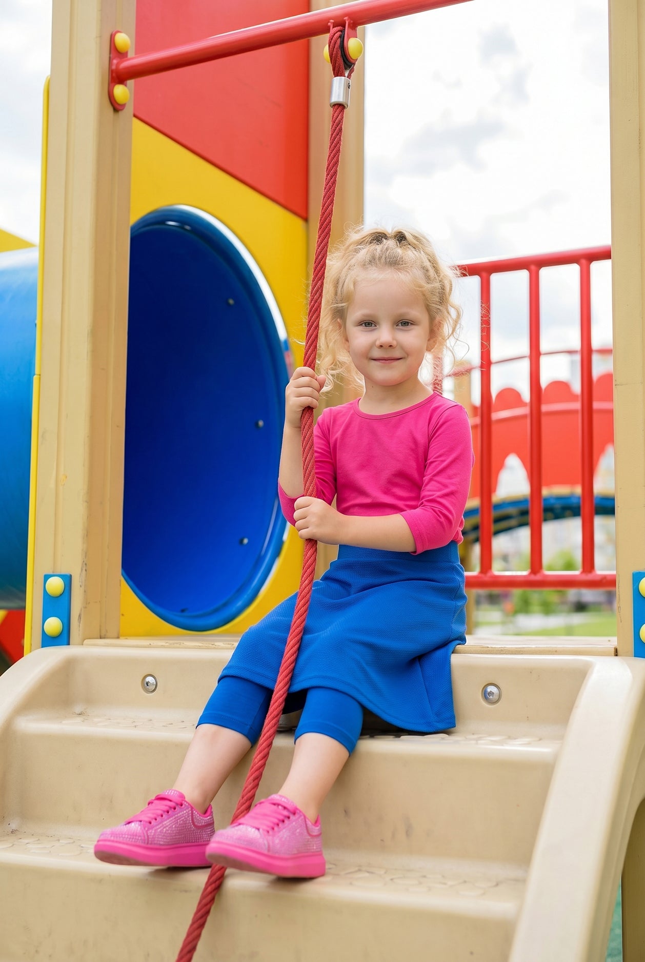 Model wearing Nuggles® Girls All-Sport Skirt in Lapiz Blue