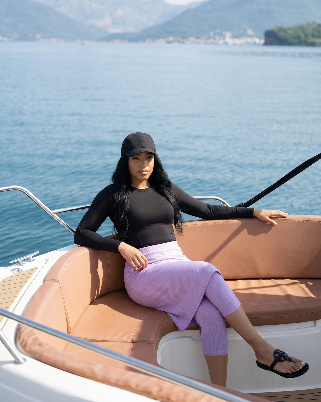 Model wearing Nuggles® 27"All-Sport Skirt in Lavender
