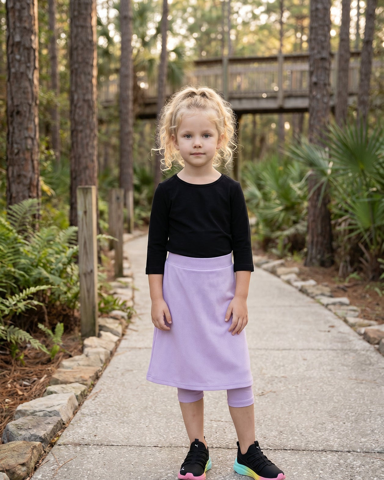 Girls' Modest All-Sport Skirt in Lavender with built-in capri leggings