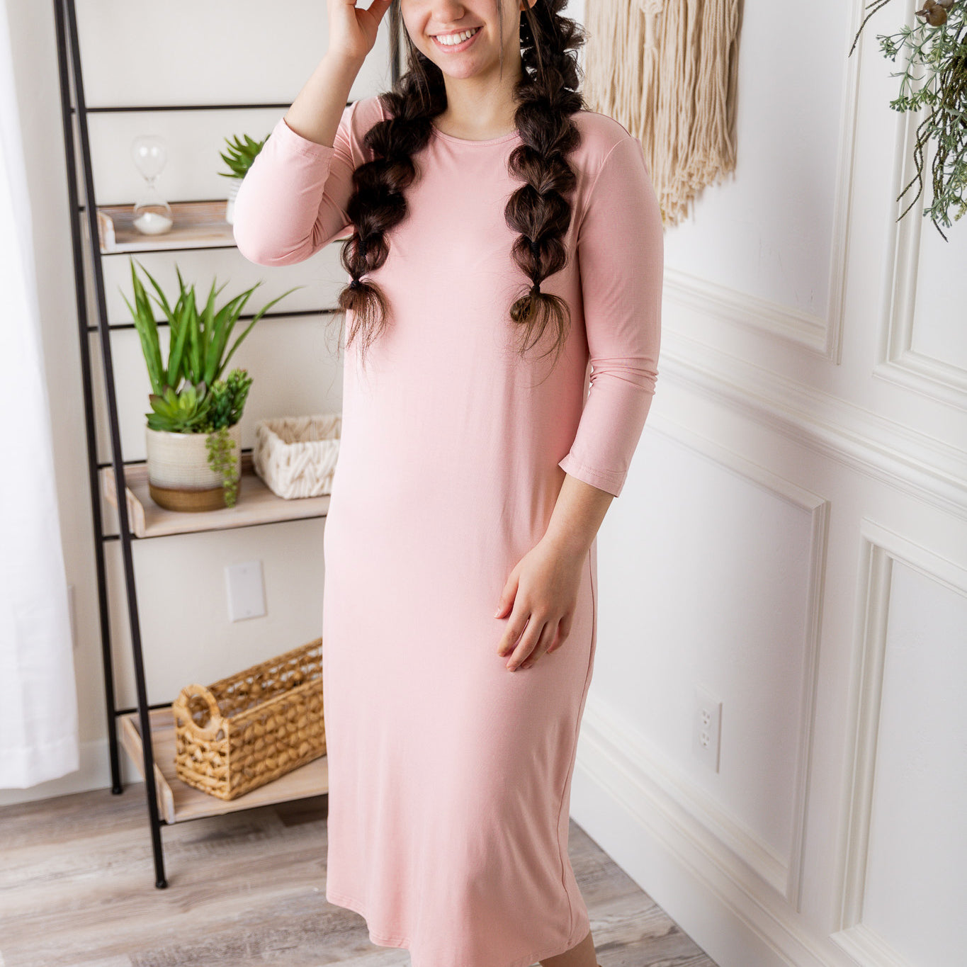 Model wearing Nuggles® Original Style Midi Layering Dress in soft cotton knit