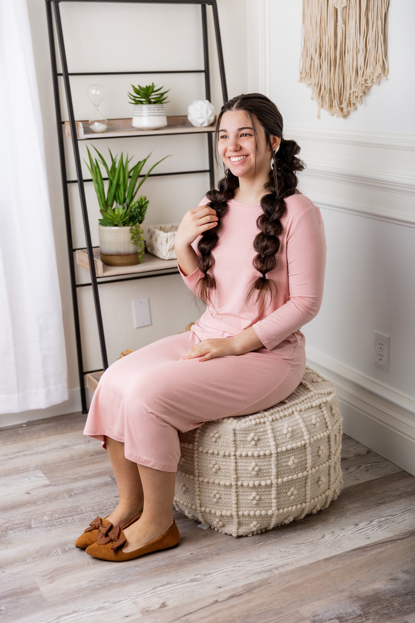 Model wearing Nuggles® Original Style Midi Layering Dress in soft cotton knit