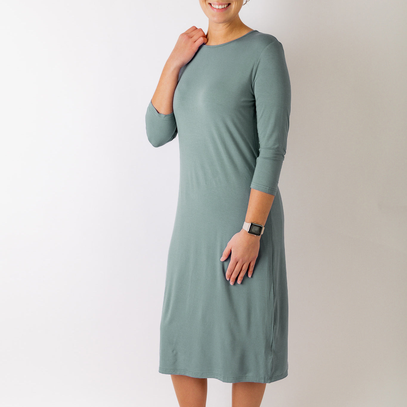 Model wearing Nuggles® Original Style Midi Layering Dress in soft cotton knit
