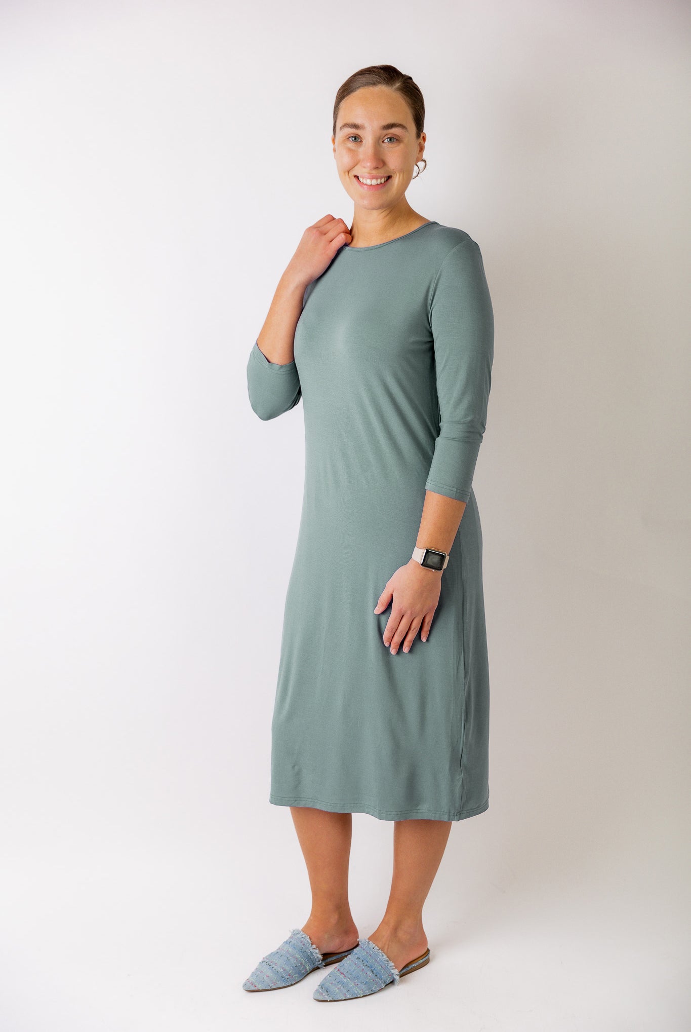 Model wearing  Nuggles® Original Style Midi Layering Dress in soft cotton knit