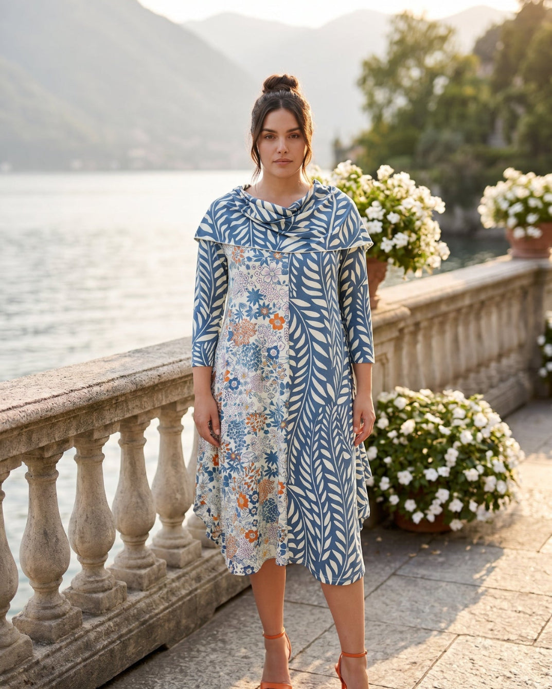 The Nuggles® Bailey Dress in Leaf & Bloom midi length, two tone with cowl neckline