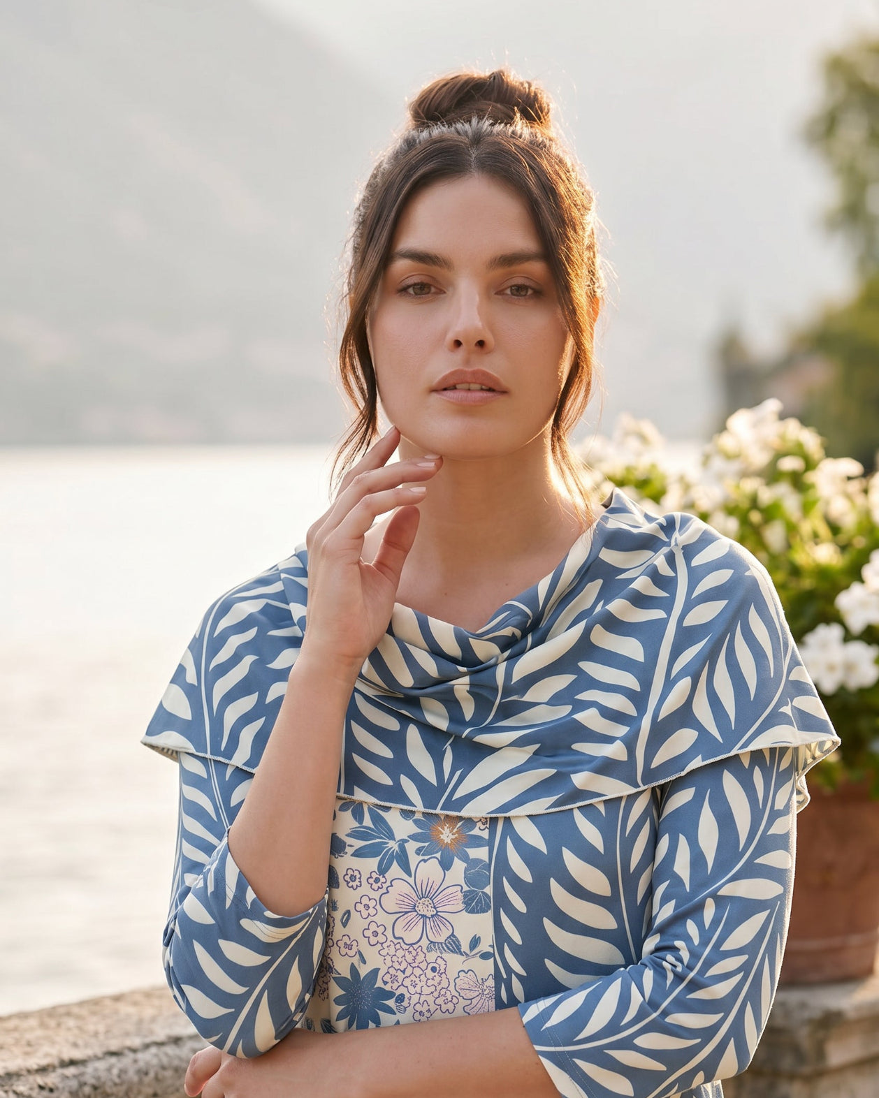 The Nuggles® Bailey Dress in Leaf & Bloom midi length, two tone with cowl neckline