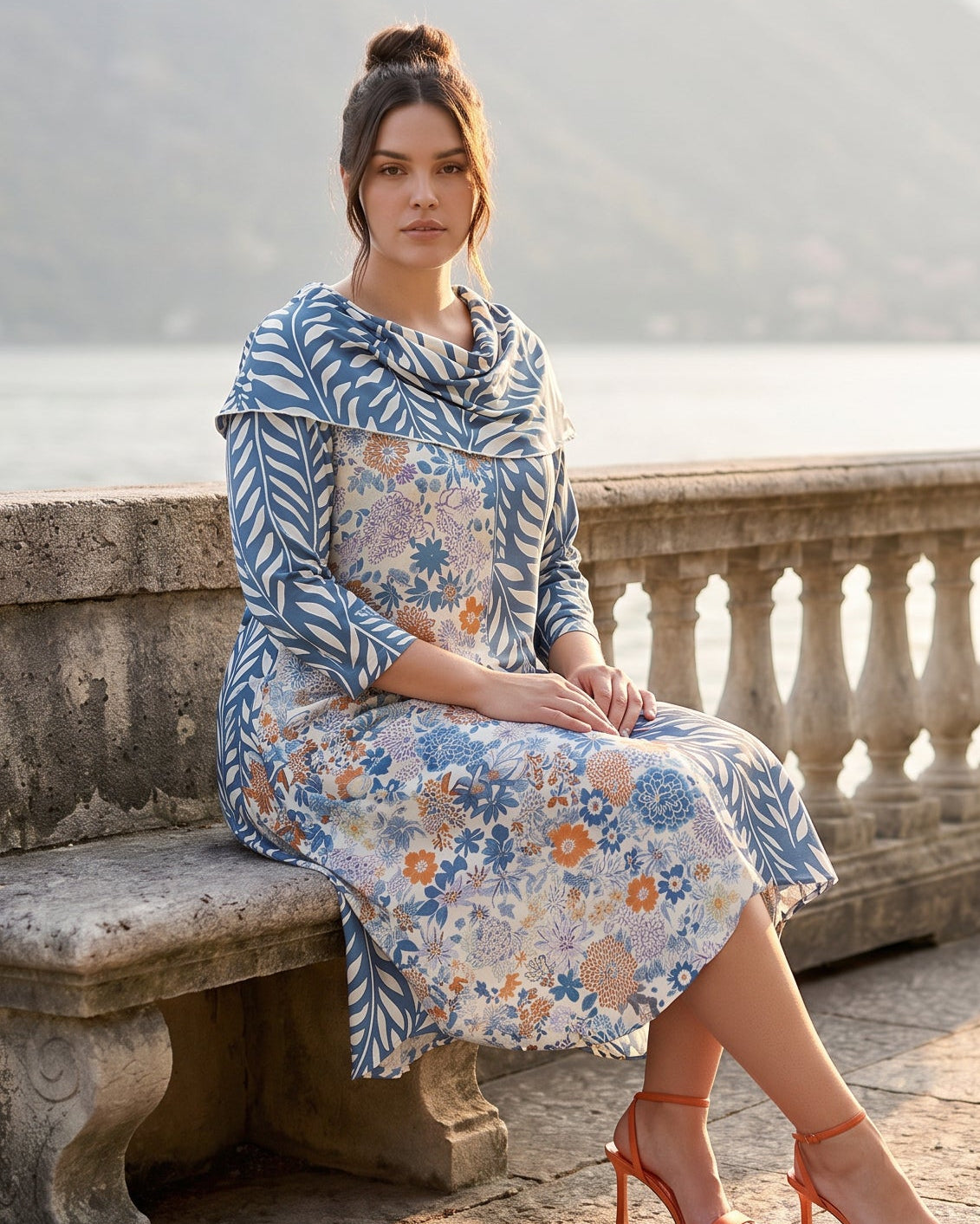 The Nuggles® Bailey Dress in Leaf & Bloom midi length, two tone with cowl neckline
