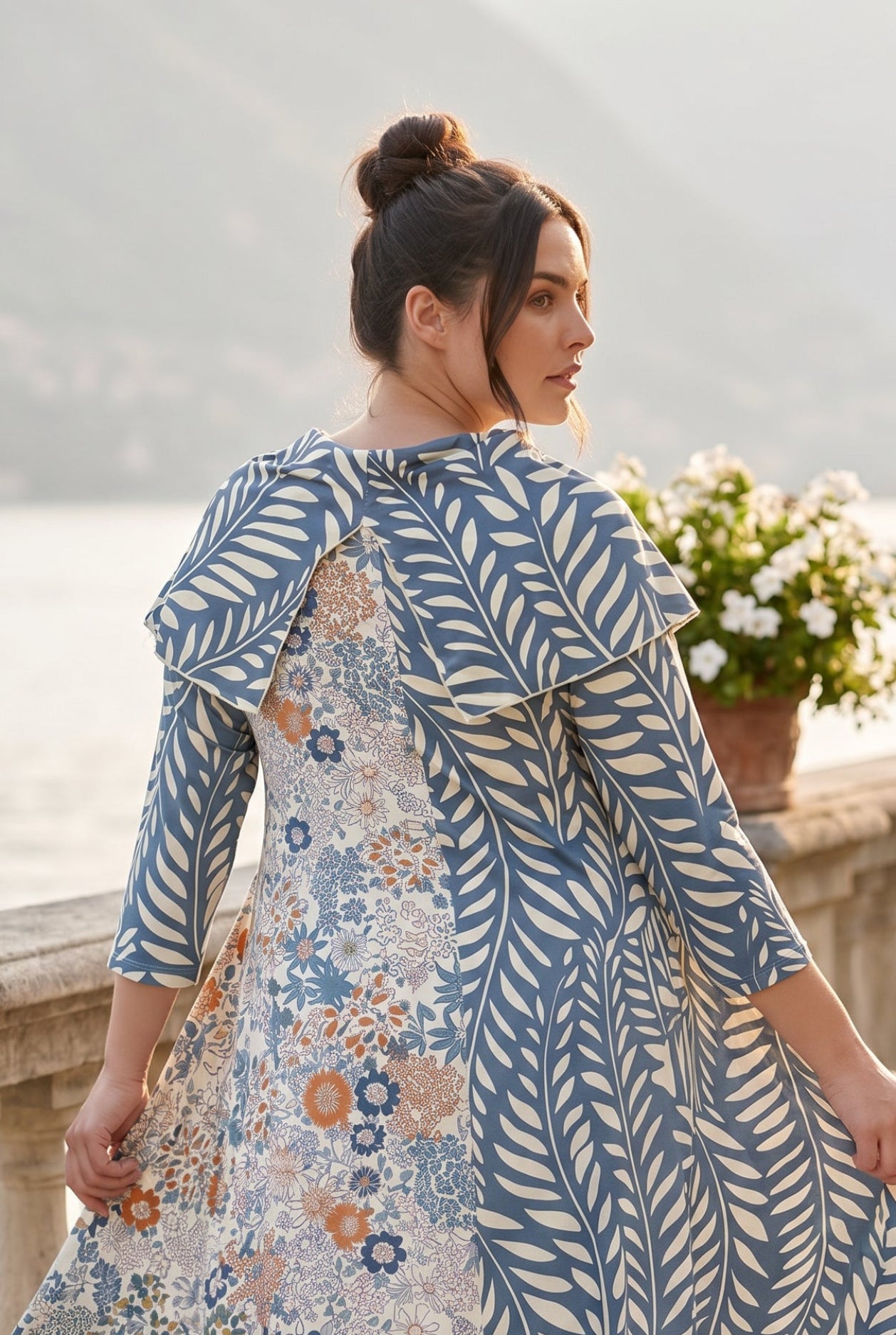 The Nuggles® Bailey Dress in Leaf & Bloom midi length, two tone with cowl neckline