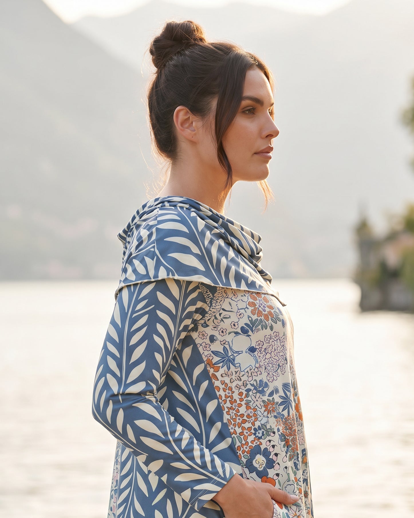 The Nuggles® Bailey Dress in Leaf & Bloom midi length, two tone with cowl neckline