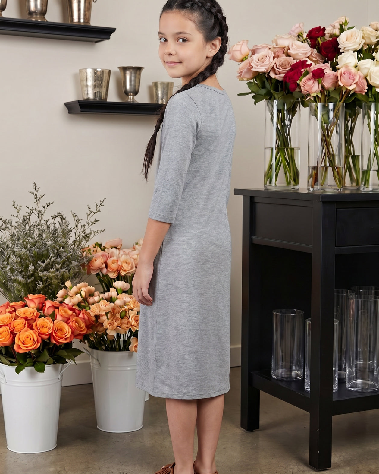 Model wearing Nuggles® Girls Midi Layering Dress in Light Heather