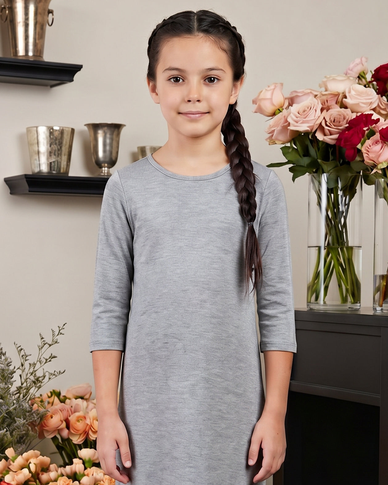 Model wearing Nuggles® Girls Midi Layering Dress in Light Heather