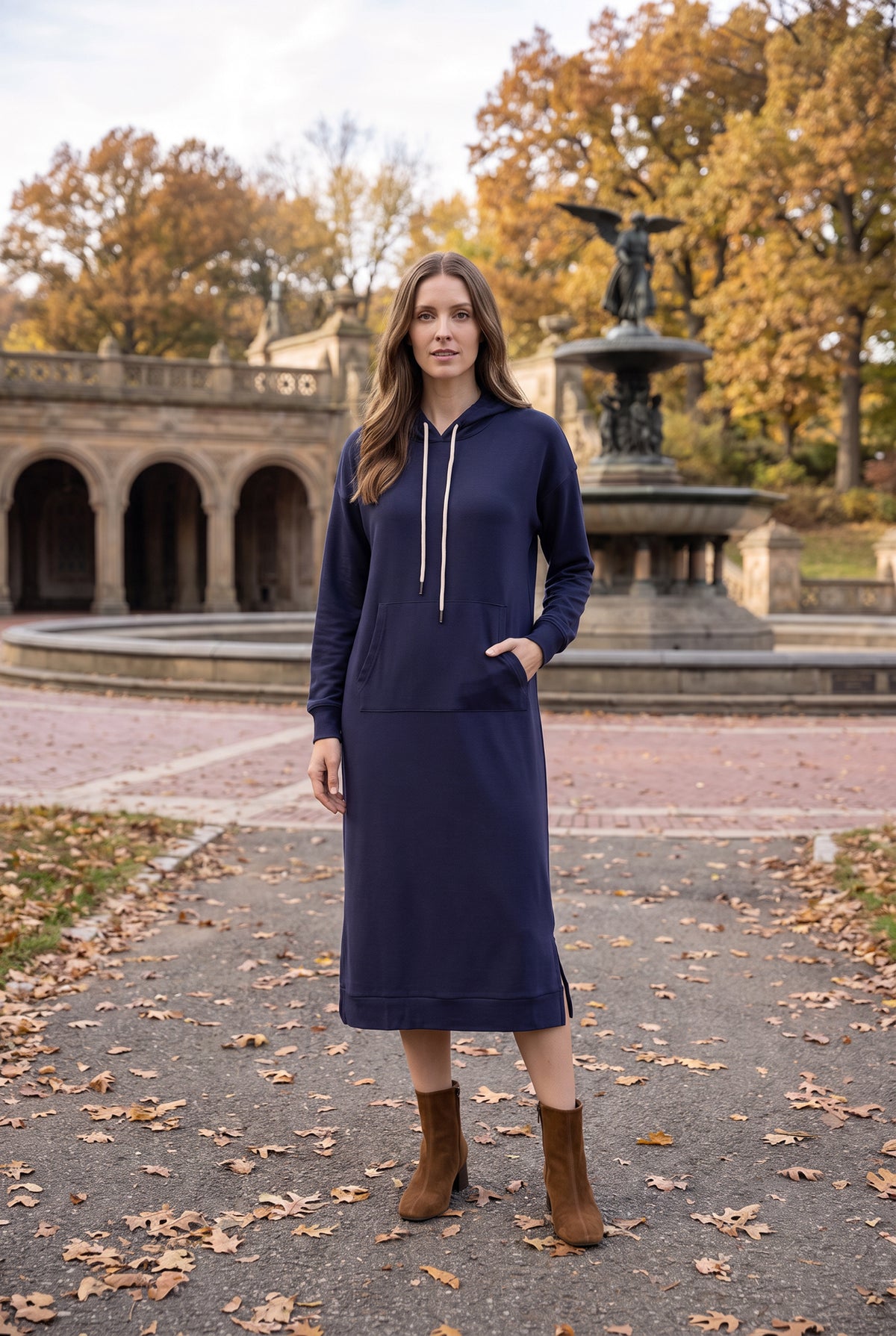 Model wearing Nuggles® Hoodie Dress in Light Navy