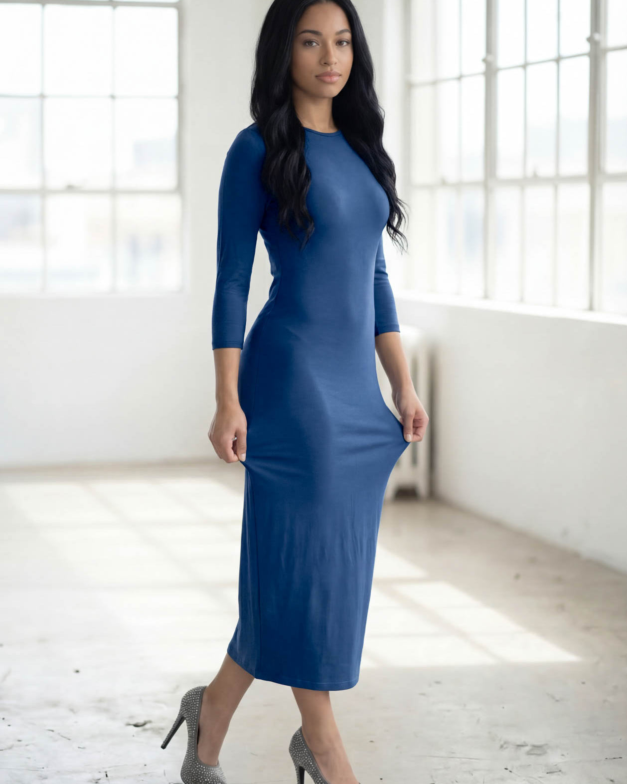 Model wearing Nuggles® Tea Layering Dress in Light Navy
