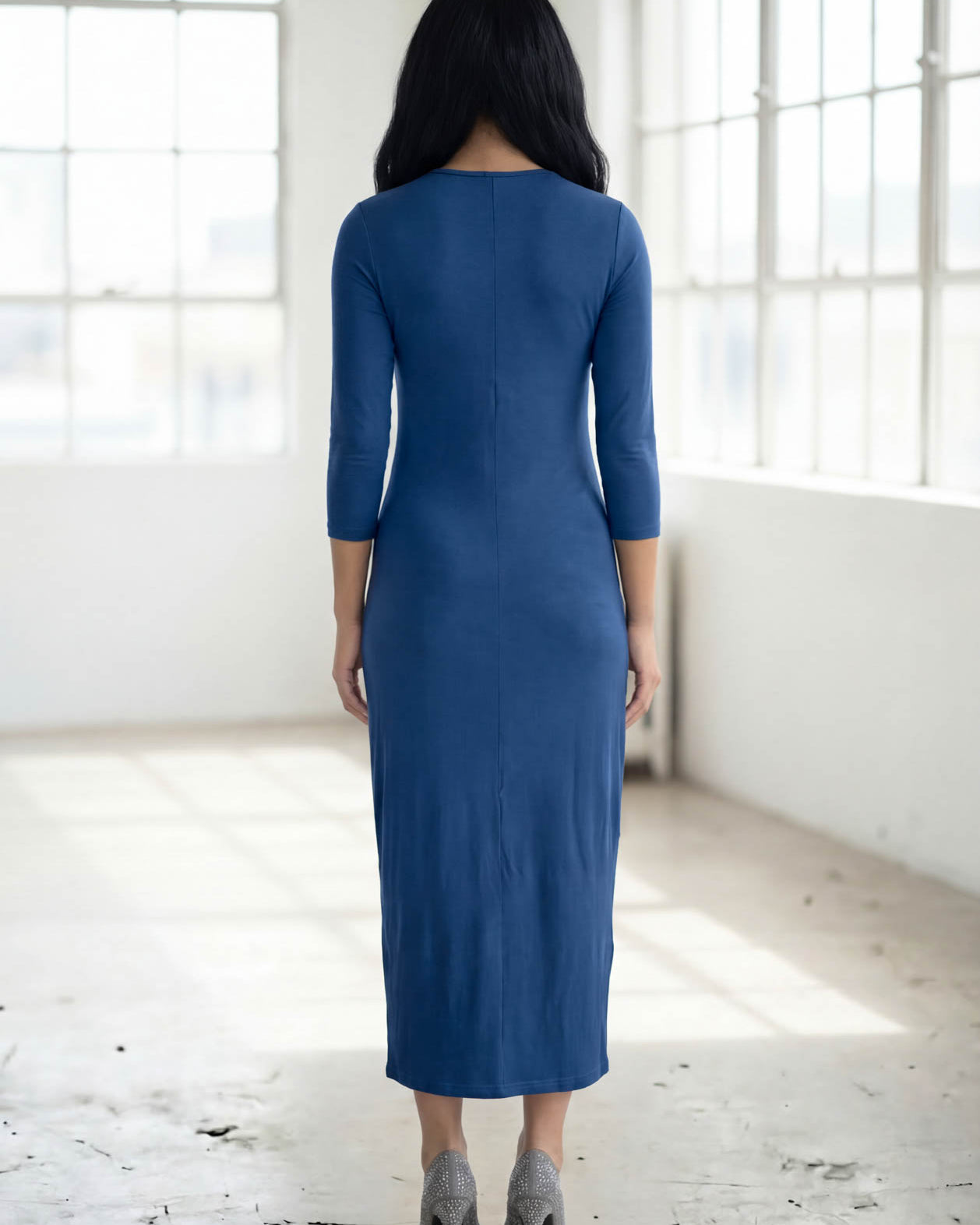 Model wearing Nuggles® Tea Layering Dress in Light Navy